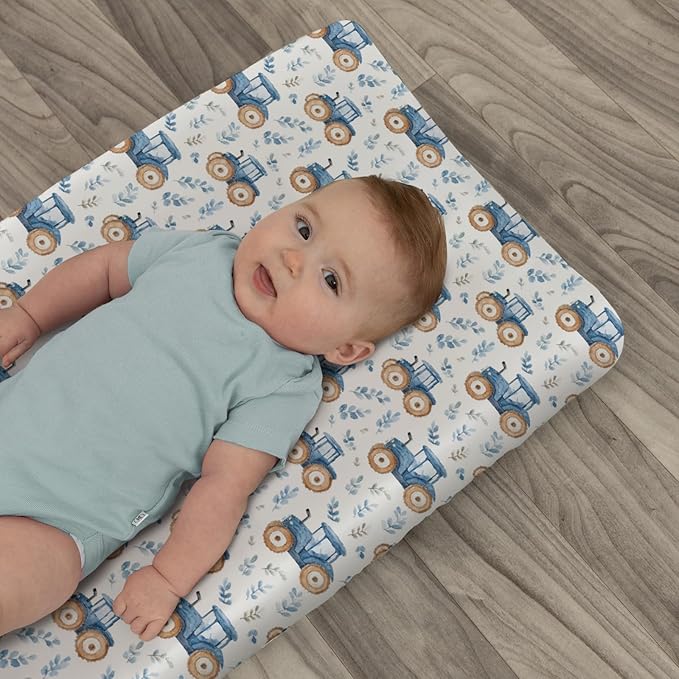 Watercolor Blue Tractors Baby Changing Pad Covers for Boy Girl Farm Tractors Boho Leaves Fitted Change Table Mats Farm Life Soft Diaper Change Table Cover Sheets for 32''×16'' Contoured Pad