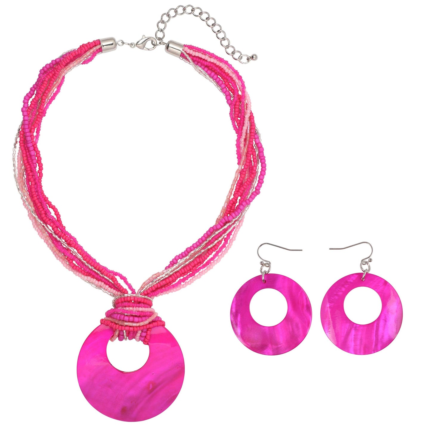 Coiris Multi Strand Statement Colorful Beaded Necklace Earrings Set with Big Circle Shell Pendant for Women (N0055-Rose)