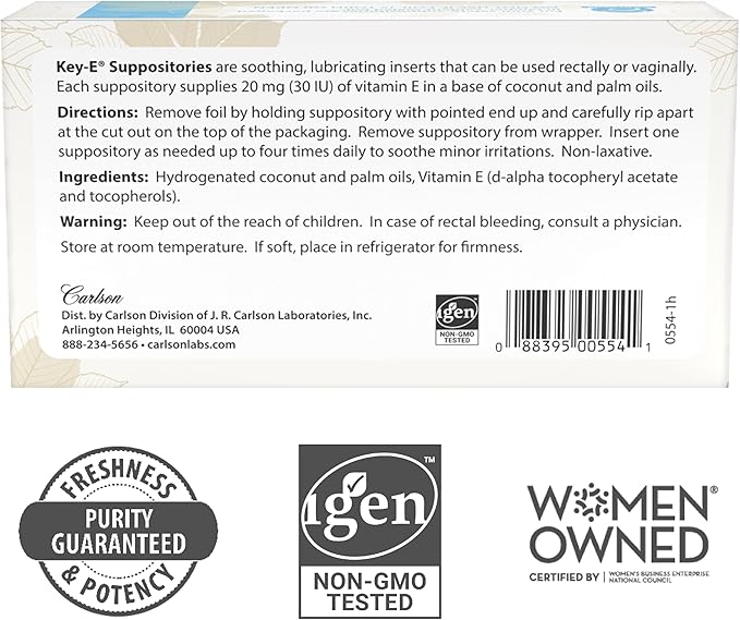 Carlson - Key-E Suppositories, 30 IU Vitamin E Suppository, Lubricates Dry Areas, Treatment for Women and Men, Vaginal & Rectal, 24 Count