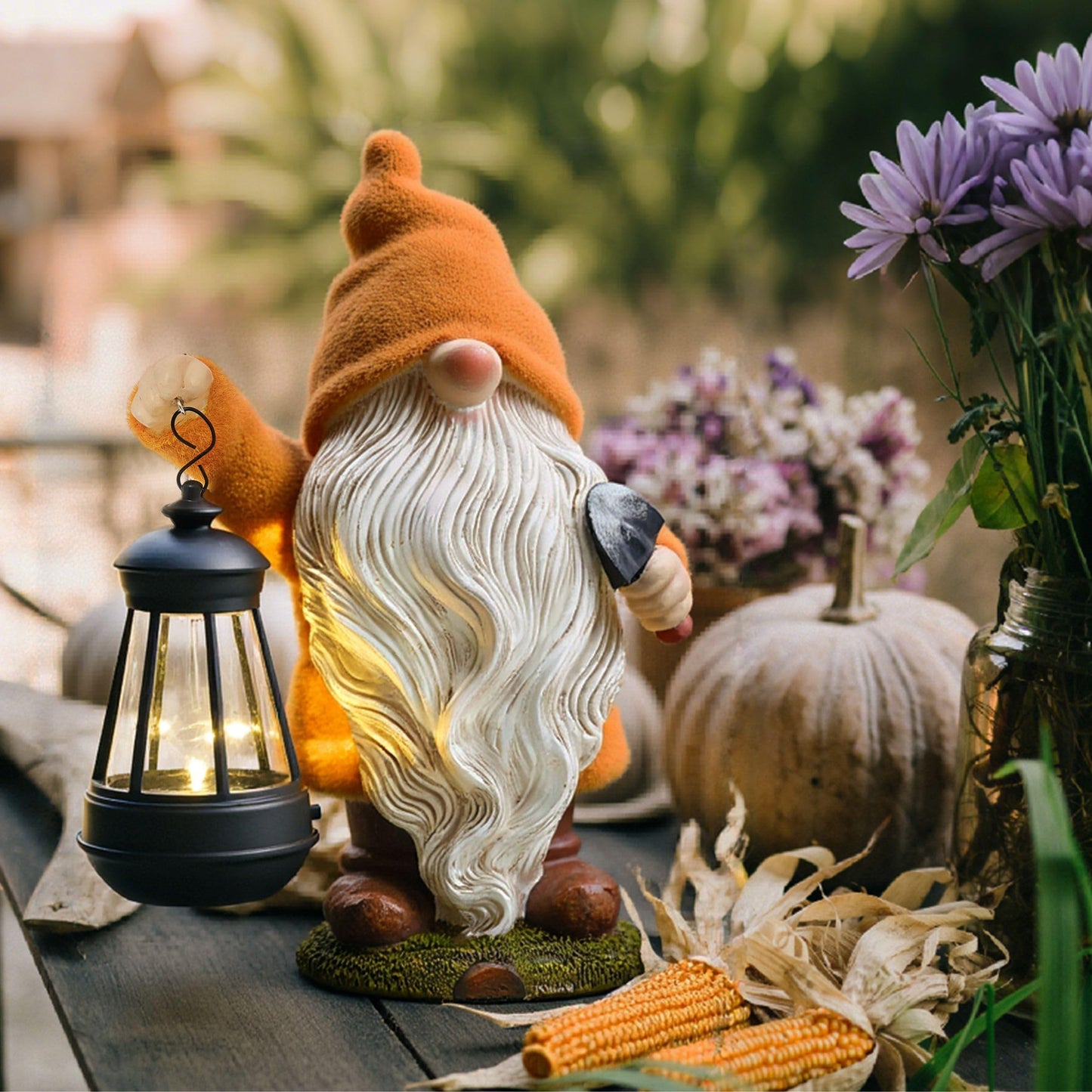 TeresaS Collections Fall Decor  Fall Gnome Decor  Autumn Garden Gnomes Holding Lantern With Solar Lights Waterproof Resin Outdoor Fall Decor  Fall Gifts Outdoor/Indoor 8