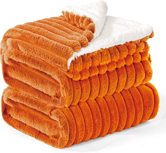INFIIXSO Sherpa Throw Blanket for Couch - Super Soft & Warm Striped Fleece Blanket, Cozy Plush Fluffy Blanket All Season Use (Burnt Orange, 60x80 Inches)