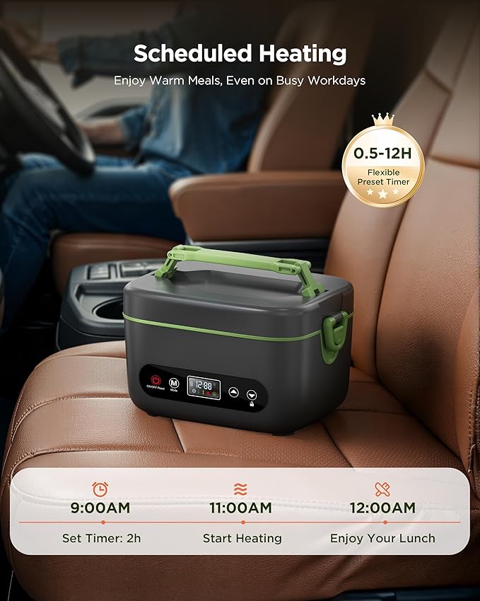 Cordless Electric Lunch Box for Adults：20000mAh Rechargeable Heated Lunch Box with Self Heating & 1.2L Portable Food Warmer for Work Travel Car(Gray-Green)