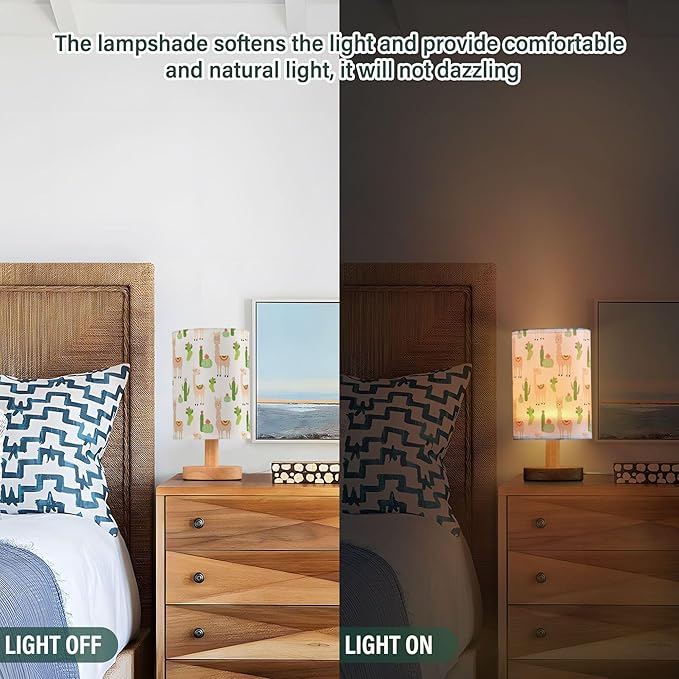 Table Lamp Llamas and Cactus Pattern Nightstand Lamp with Wood Base Fabric Lamp Shade Bedside Desk Lamp for Living Room Bedroom Kids Room Office