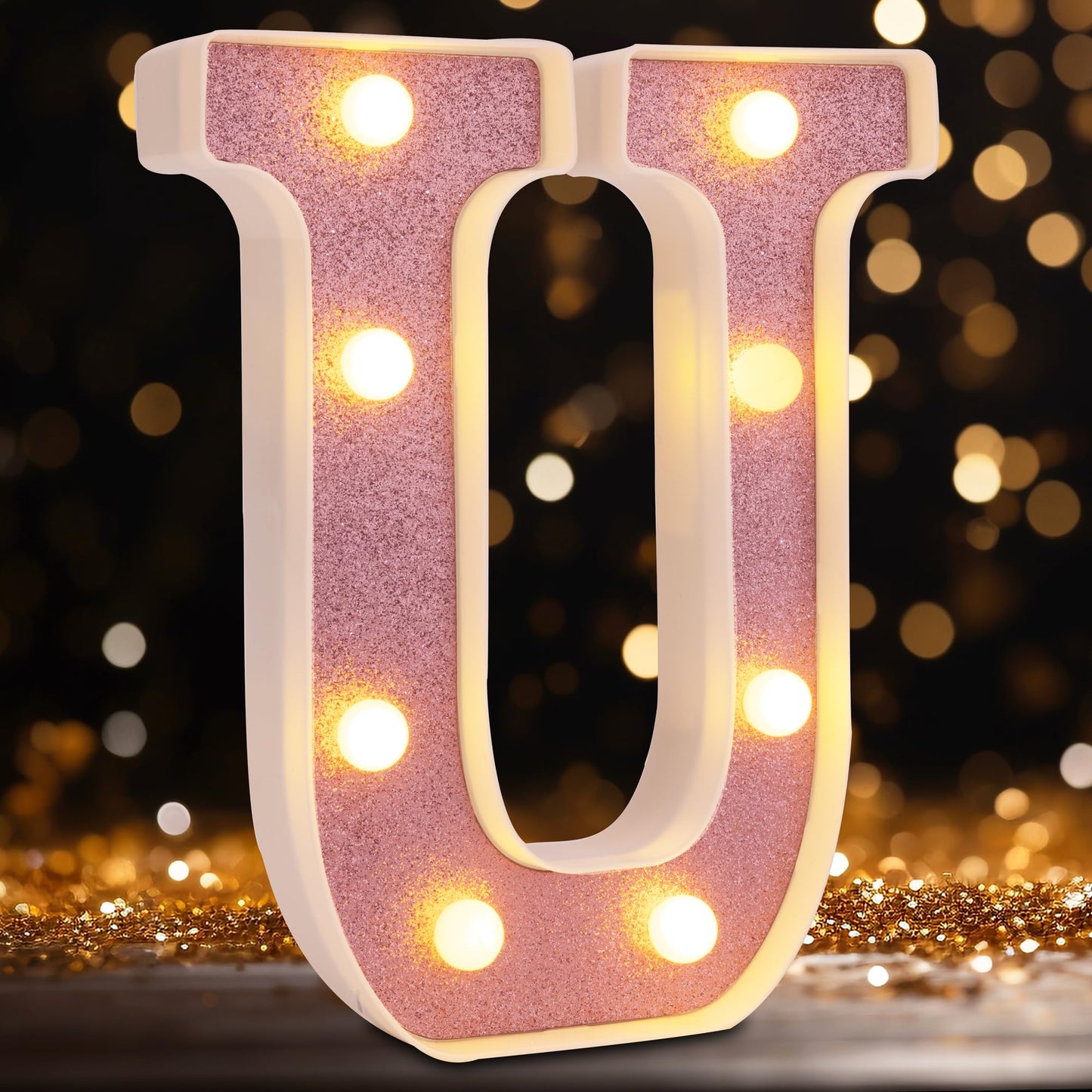 DyingSwan Small LED Marquee Letter Lights, 8.58in Pink Glitter Letter U, Battery Powered Plastic Decor for Parties and Events