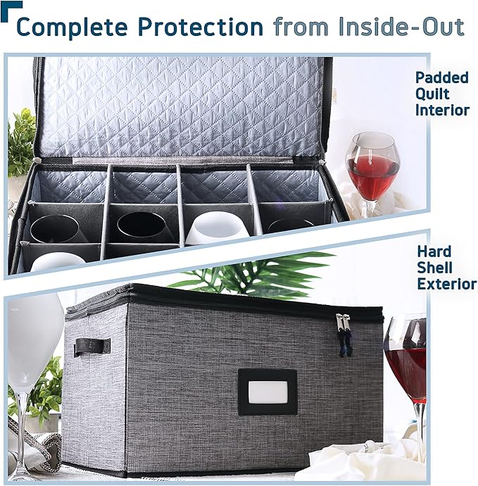 Hearth & Harbor Wine Glass Storage Box with Dividers, Quilted and Stackable Stemware Storage Cases, Service of 12 Glass China Container Hard Shell for Moving and Organization, Grey