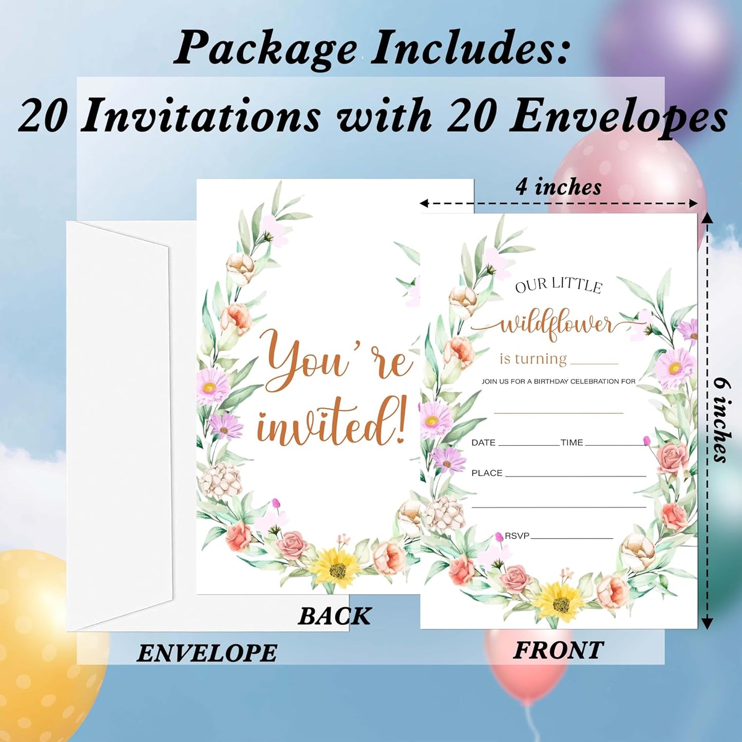 Birthday Invitations for Girls, 20 Flower Invitation Cards with Envelopes, Summer Floral Invites for Girl Party Decorations Favor Supplies - A02