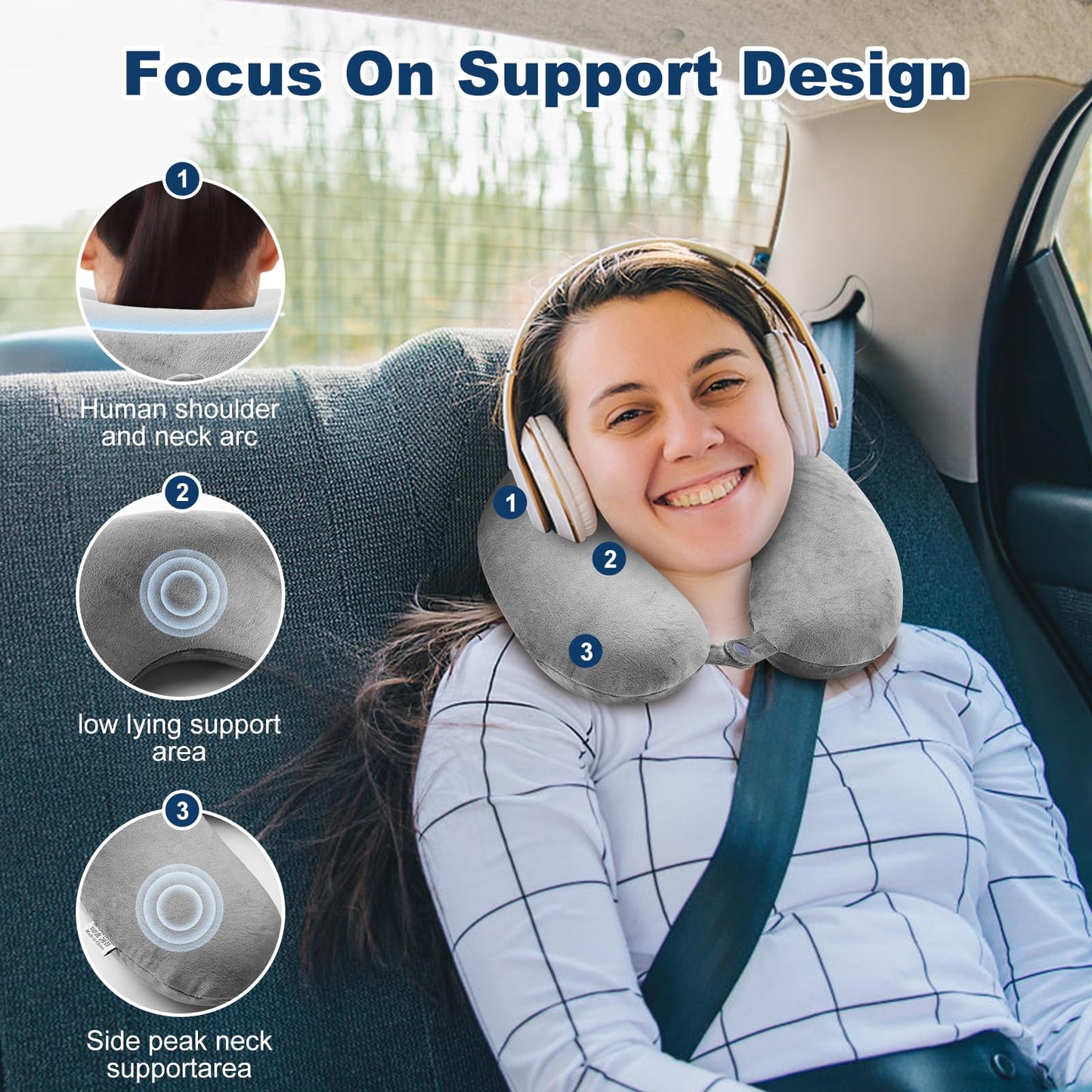 GDEOUP Travel Pillow 100% Pure Memory Foam Neck Pillow Airplane for Traveling,Car, Train,Napping,Traveling,Washable Cover (Grey)