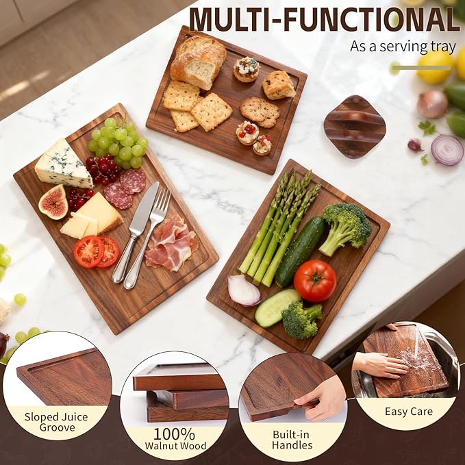 Walnut Wood Cutting Boards for Kitchen, 3 PCS Wooden Cutting Board Set with Holder Large to Small, Chopping Board Set with Deep Juice Grooves, Non Toxic Serving Tray, Perfect Mother's Day Gifts
