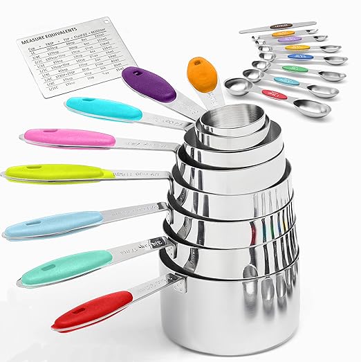 Measuring Cups 17-Piece Measuring Set with Cups and Spoons, Stainless Steel, Includes Magnetic Conversion Chart and Leveler