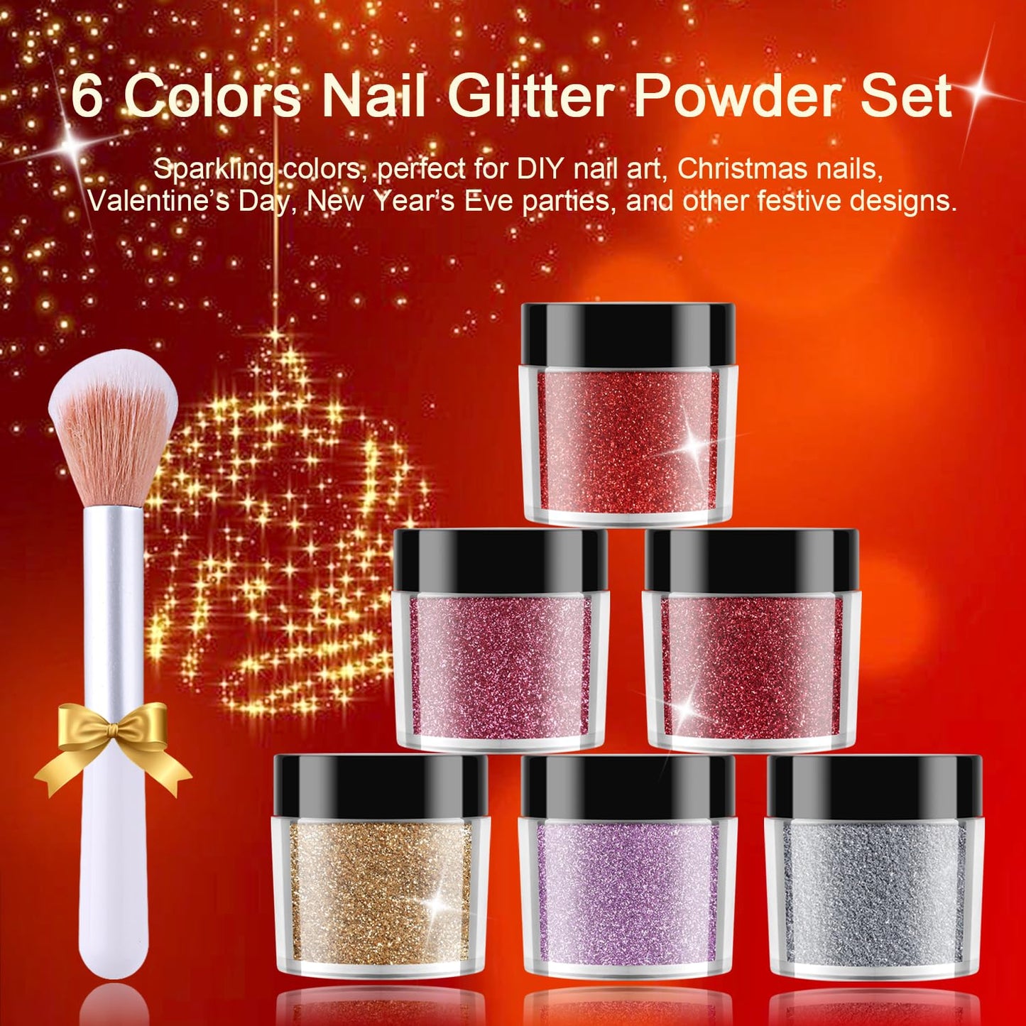 Furtherpretty 6 Colors Nail Glitter Powder Set, Gold Silver Red Purple Sparkle Dust with Brush, Chunky & Fine Glitter for Nail A