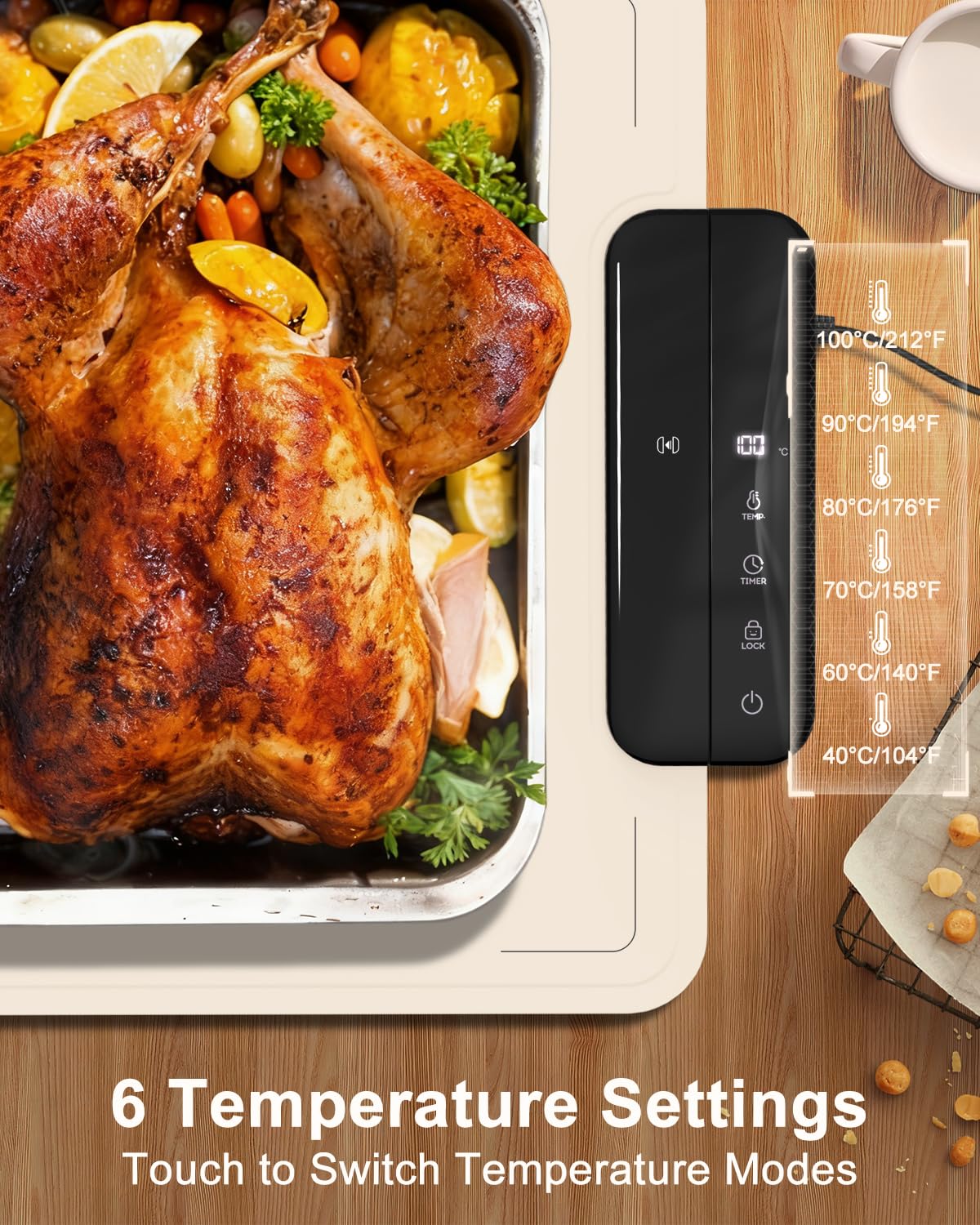 Electric Warming Mat for Food, ZAPLIT 24''x16 Washable Silicone Warming Tray with 6 Temp Settings, 6 Timers, Child Lock, and Auto Standby — Food Warmer for Buffet, Gathering, and Party (Beige/ 2 Pack)