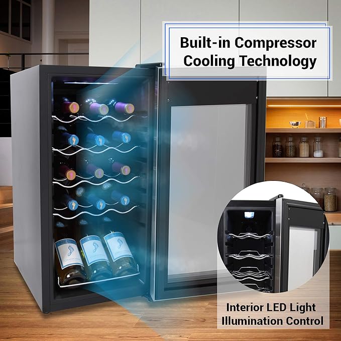 Nutrichef 15 Bottle Wine Fridge Red and White Wine Chiller Adjustable Temp Control 41°F to 64°F Ultra Quiet Operation Mini Wine Cooler Built for Home, Office, Kitchen Counter, 27x13x17 IN