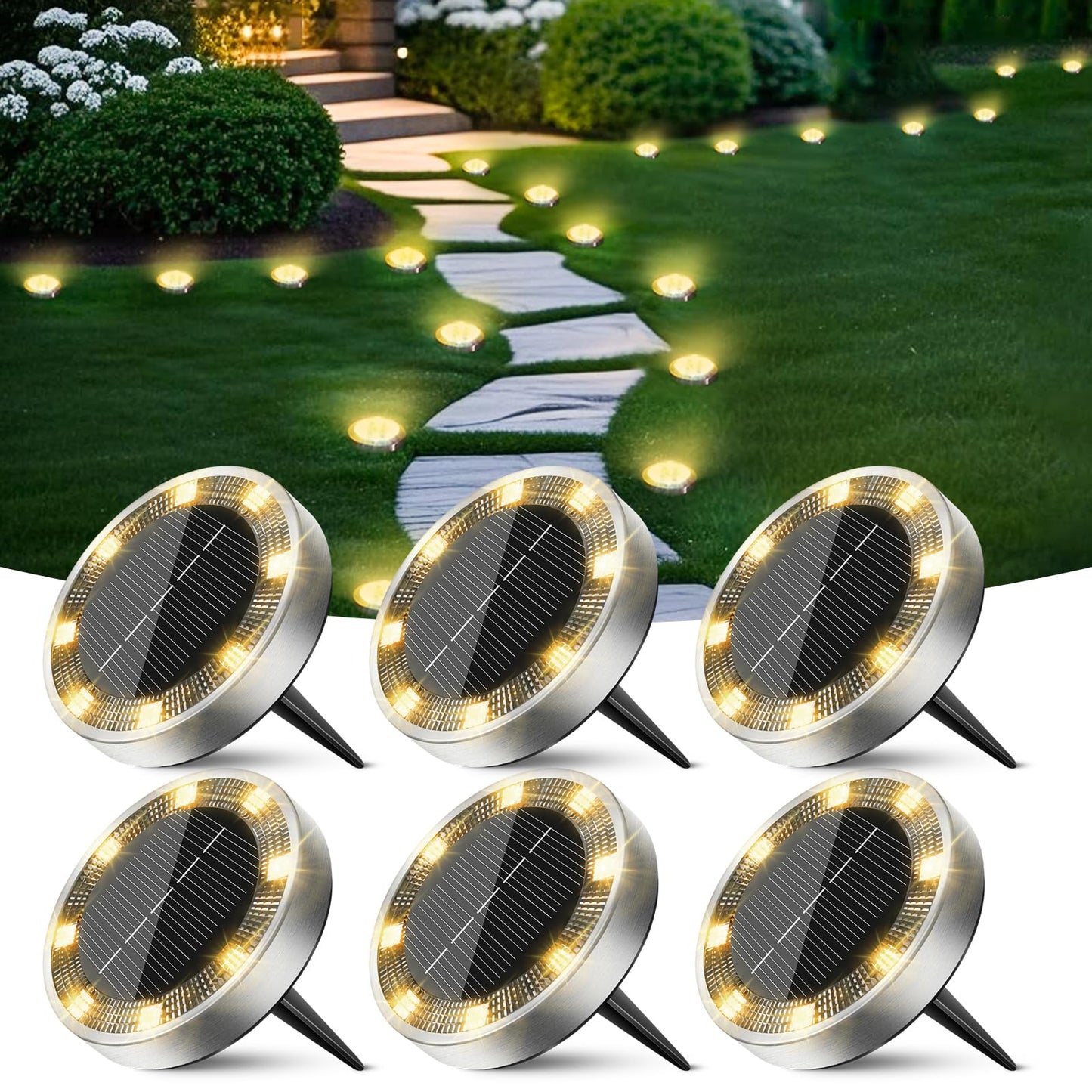 Peasur Solar Ground Lights, 6 Pack, IP68 Waterproof, Stainless Steel, Warm White