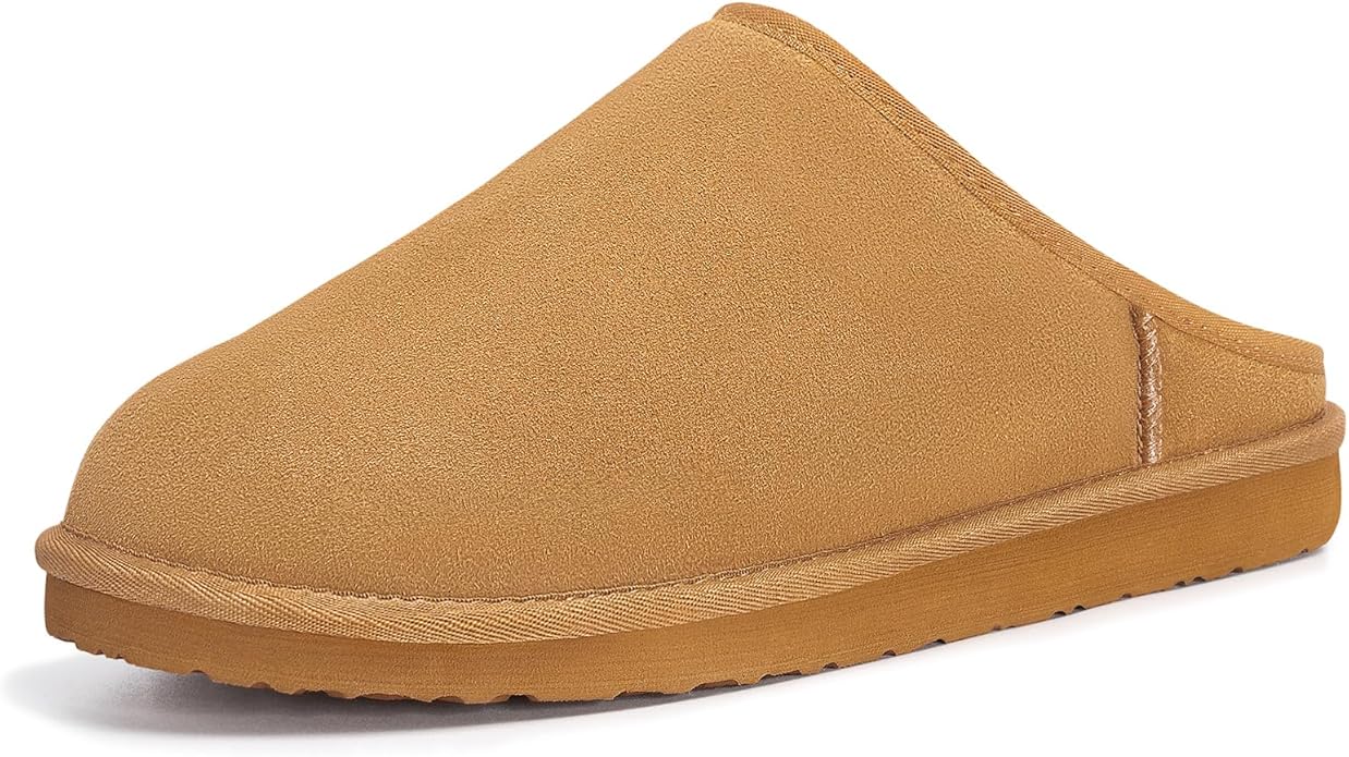 FITORY Men’s Winter Genuine Leather Slippers, Comfy Memory Foam Suede Shoes with Warm Fleece-Lined for Indoor and Outdoor ...