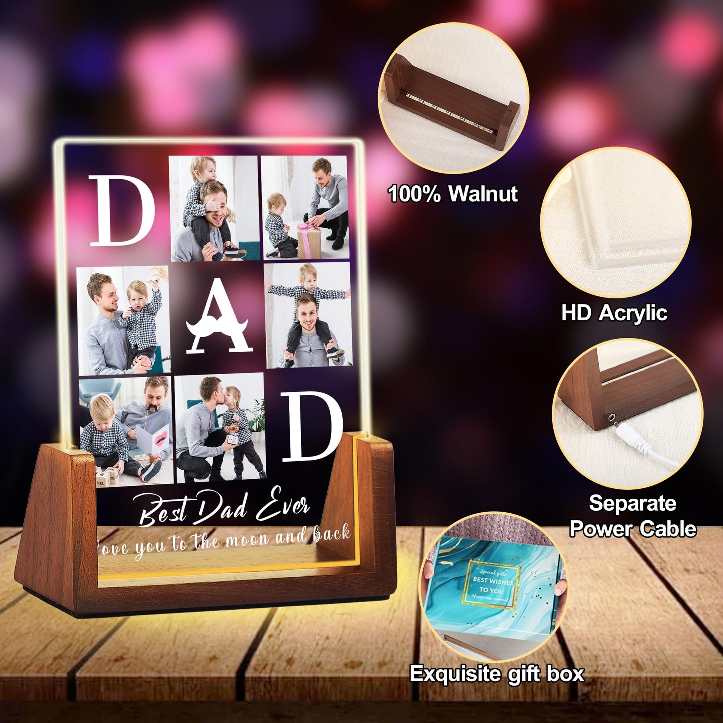 Personalized Fathers Day Birthday Christmas Gifts From Daughter Son Kids Wife  Custom Acrylic Picture Frame Night Light With Photo Text  Customized Best Dad Ever Gifts For Dad Papa Husband Men