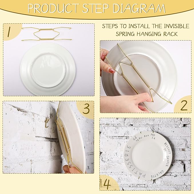 Hotop 20 Pieces Invisible Wall Plate Hangers 4/5/6/8/10 Inches Wall Plate Hangers Stainless Steel Decorative with 20 Pieces Hook with Nails for Decorative Antique and Arts(Gold)