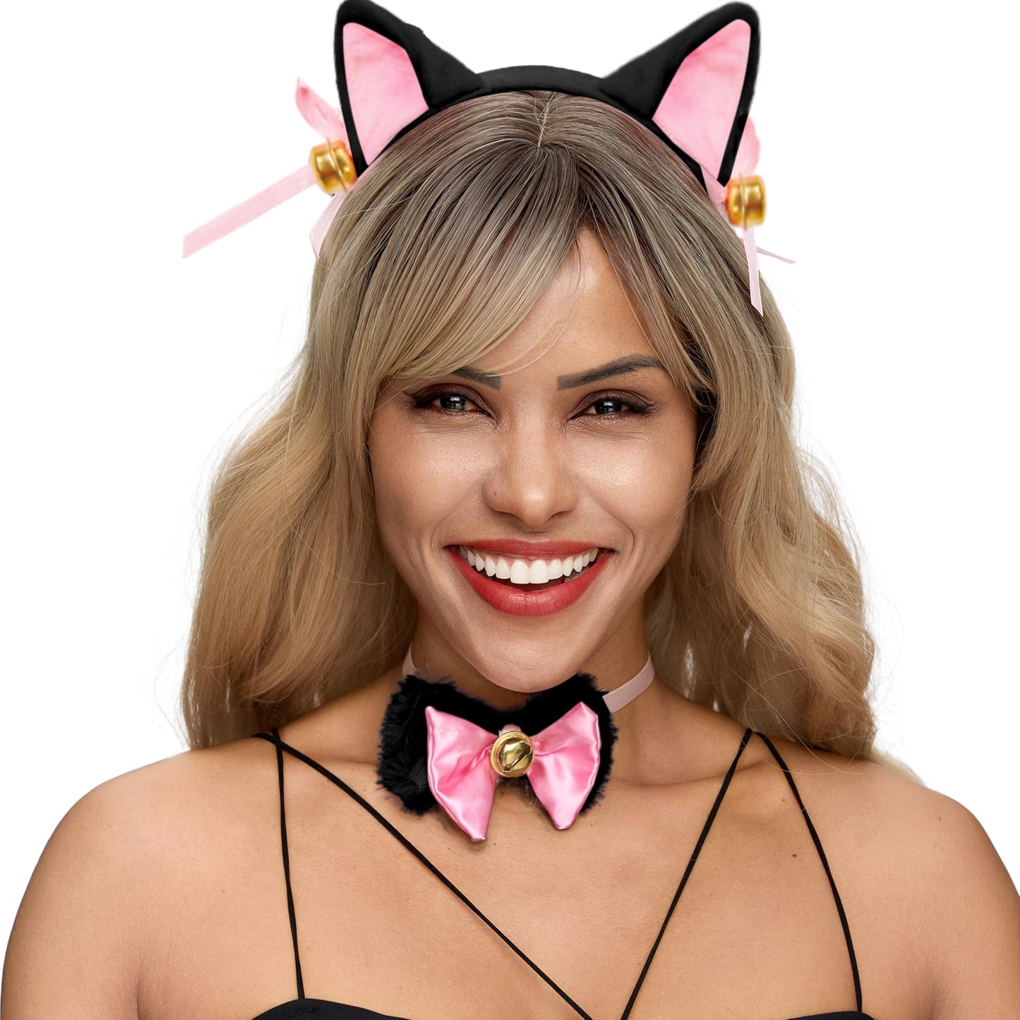 Spooktacular Creations 5 Pcs Kitten Black Kitty Cat Costume Accessories with Cat Ears Headband, Paws Gloves, Bow Tie, Tail for Adult, Kids, Cosplay, Halloween Party Dress Up Set