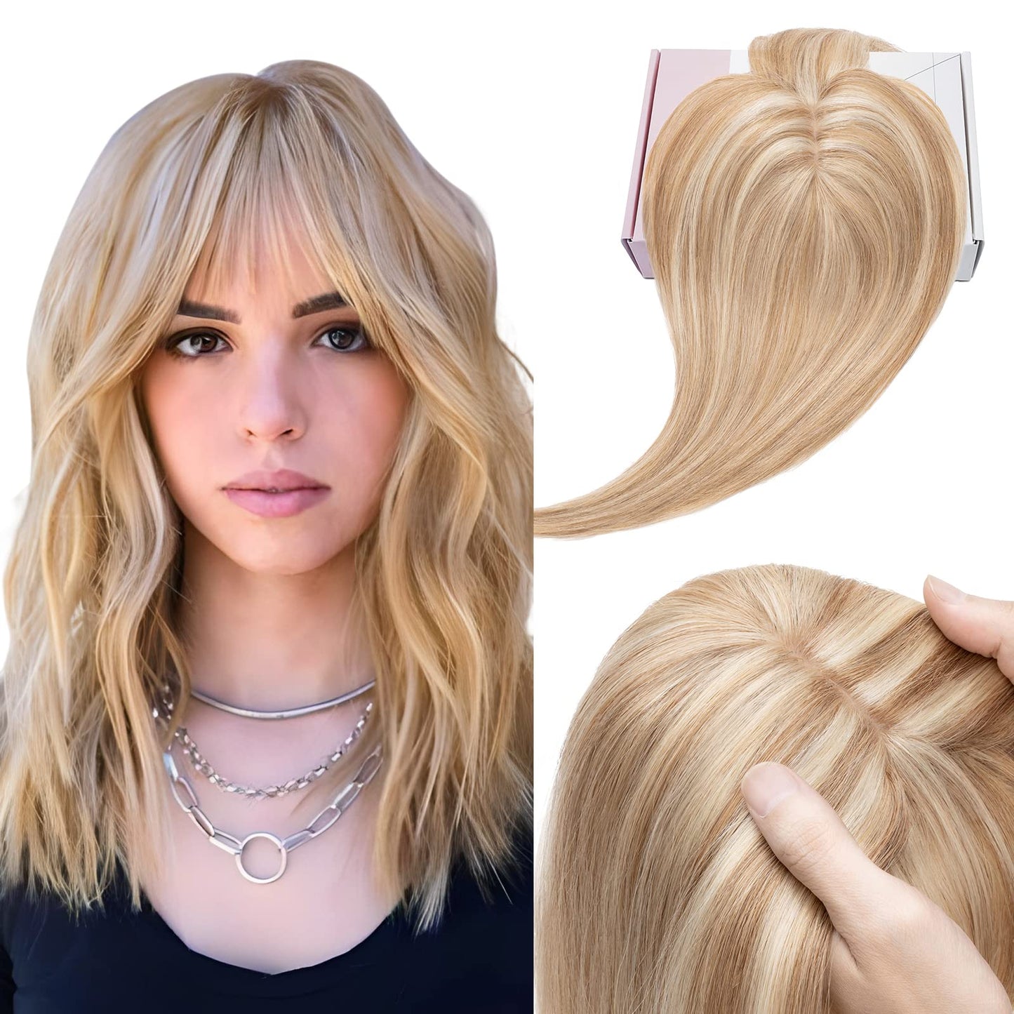 Elailite Hair Toppers for Women Real Human Hair Topper with Bangs Thinning Thin 5.1 x2.8  Silk Base Clip in Remy Hairpieces 18 I
