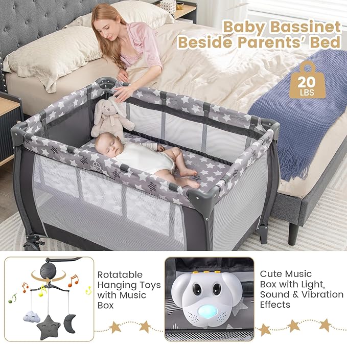 Costzon 3 in 1 Pack and Play with Bassinet, Portable Baby Playard with Changing Table, Music Box, Whirling Toys, Wheels/Brake, Basket, Bag, Foldable Infant Bassinet for Baby Toddlers Indoor Outdoor