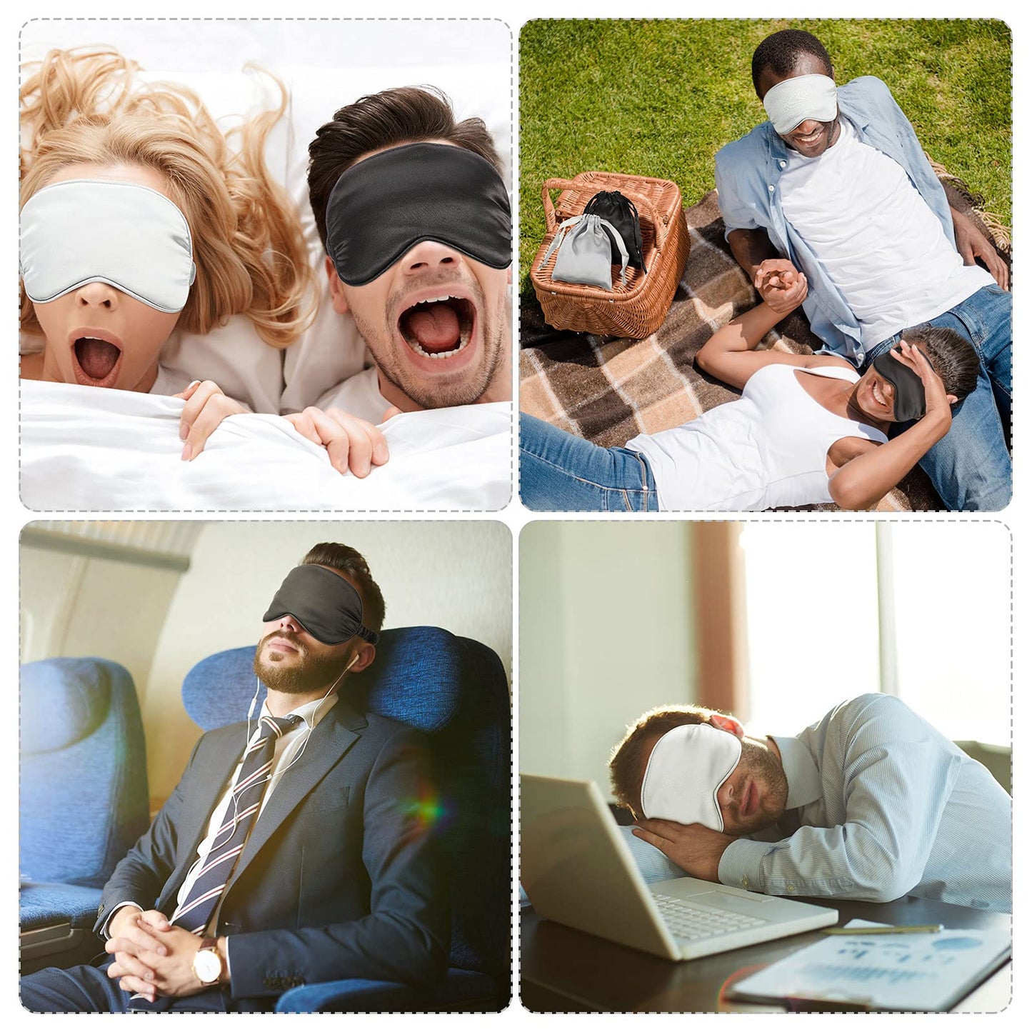 Silk Satin Sleeping Mask Eye Mask Set Include 2 Blindfold Eyeshade Elastic Strap Double Layer Silk Filling Eye Cover 2 Ear Plugs 2 Storage Bags for Women and Men Sleep Travel Nap (Black, Gray)