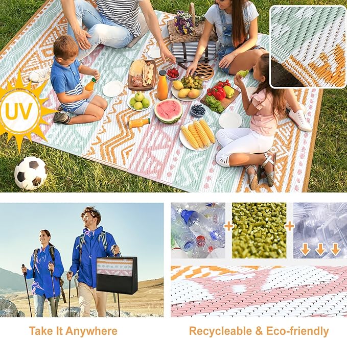 Lahome Waterproof Outdoor Rug 6x9, Reversible Outdoor Plastic Straw Rug for Camping, Large RV Outdoor Patio Rug, Outdoor Rugs Carpet for Porch Deck Backyard Balcony Picnic(Pink/Orange,6'x 9')