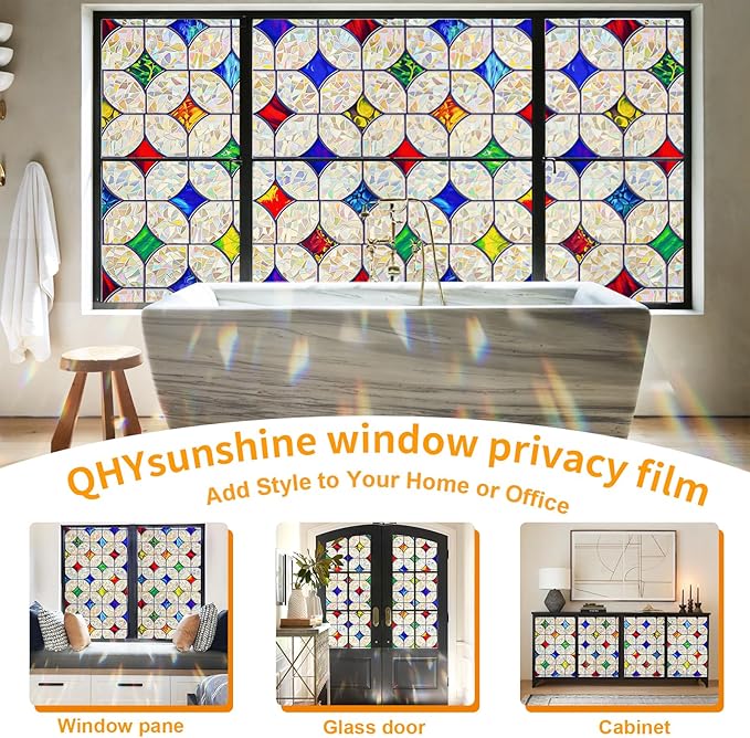 QHY Sunshine Colorful Rainbow Stained Glass Window Film Non-Adhesive Window Privacy Film Reusable Decorative for Room (Rainbow Mosaic, 35.4 X 157.4 in)