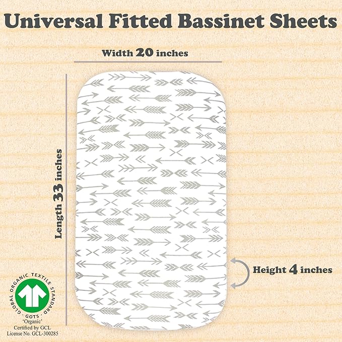 Bassinet Sheets for Baby Girl & Boy – 3-Pack Soft Fitted Bassinet Sheets, Organic Cotton, Breathable & Cozy, Fits 32x16x4 Inch Rectangle, Oval & Hourglass Mattresses (Grey/White)