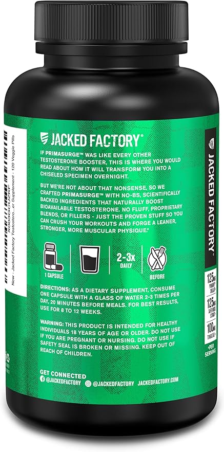 Jacked Factory Testosterone Booster for Men PRIMASURGE - w/Tongkat Ali, PrimaVie, Ashwagandha - Boost Vitality, Muscle Growth & Energy | Natural Test Booster Supplement - 120 Veggie Pills