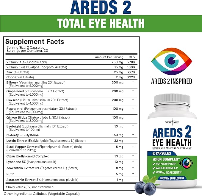 NEW AGE AREDS 2 Eye Vitamins - Lutein, Zeaxanthin, Bilberry, Astaxanthin Mineral Vision Supplement - 60 Count