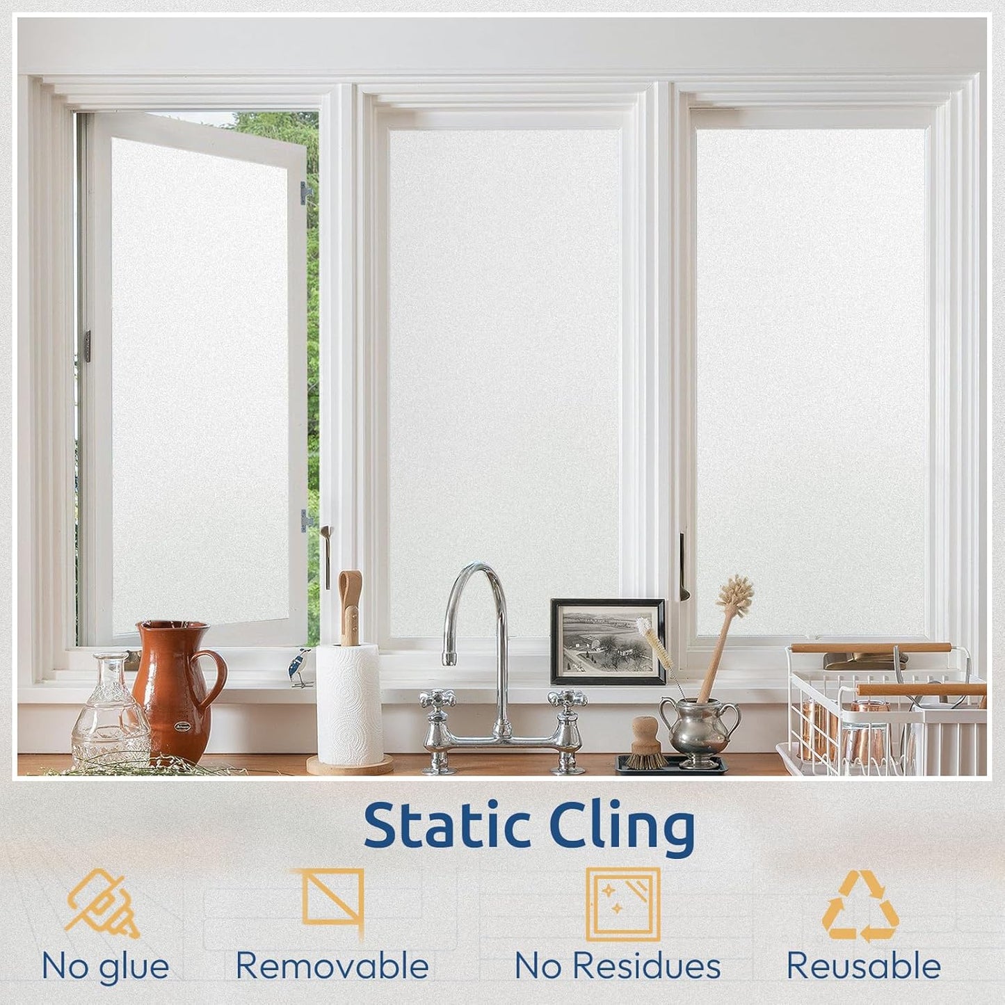 rabbitgoo Window Privacy Film, Non-Adhesive Frosted Glass Window Film for Bathroom, Static Cling Heat Blocking Stickers for Home Indoor Opaque Frosting Coverings House Tint, Matte White 23.6"x 118.1"