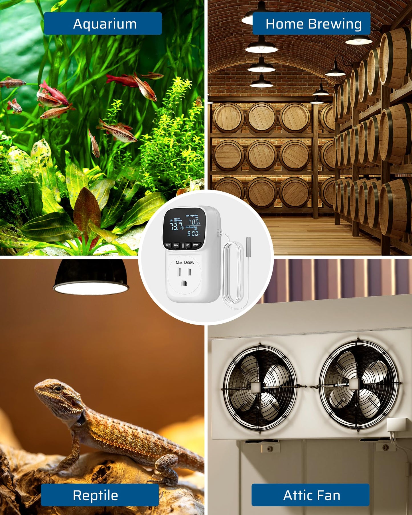 DEWENWILS Digital Temperature Controller, Heavy Duty 15A/1800W Thermostat Outlet Plug, VA Display Heating Cooling Control Timer, -40℉~210℉, Cyclic Timing/Countdown, for Greenhouse Incubator Homebrew