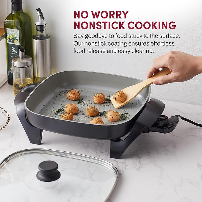Elite Gourmet EG2212 12"x12"x2.15” Ceralast™ PFAS Free Ceramic Electric Skillet, Dishwasher Safe, Rapid Heat Up, 1200W, Dark Grey
