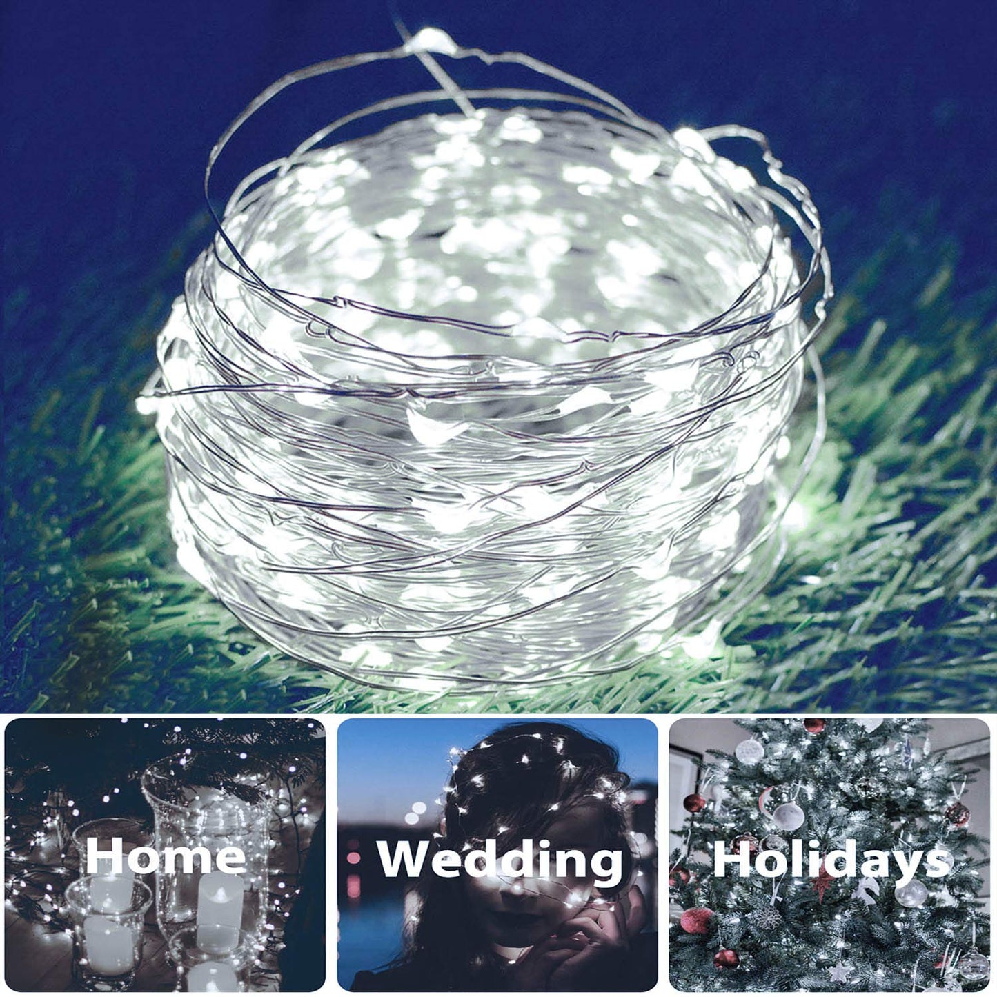DAYLIGHTIR 100 LED Solar Powered Copper Wire String Lights, Waterproof, 8 Modes, Outdoor Fairy Lights, White