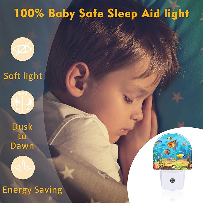 Colorful Fish and Marine Corals Night Light Plug into Wall, Beautiful Underwater Ocean World Dusk to Dawn Night Light, 0.5w Energy Saving Sleep Friendly Nightlights for Kids Boys Girls