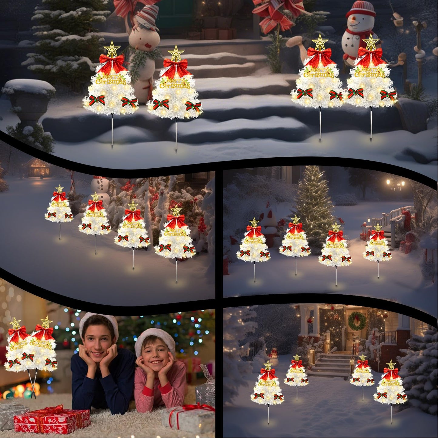 4 Pack Christmas Tree Solar Pathway Lights Outdoor Decorations  Waterproof Artificial Mini Xmas Tree Stake Lights With Diy Ornamets For Garden Yard Porch Decor (White Tree)