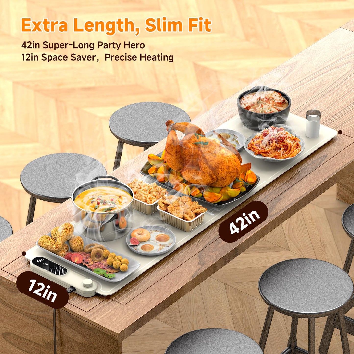 FEPPO Warming Mat for Food, Extra-Long Size 42"x12", Fast Full-Surface Heating Food Warming Mat with 6-Hour Timer & 19-Level Temperature Control, Roll Up Food Warmers for Parties Buffet