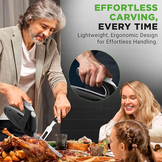 NutriChef Upgraded Premium Electric Knife - 8.9" Carving Knife, Serrated Blades, Lightweight, Ergonomic Design Easy Grip, Easy Blade Removal, Great For Thanksgiving, Meat & Cheese, Black - PKELKN8