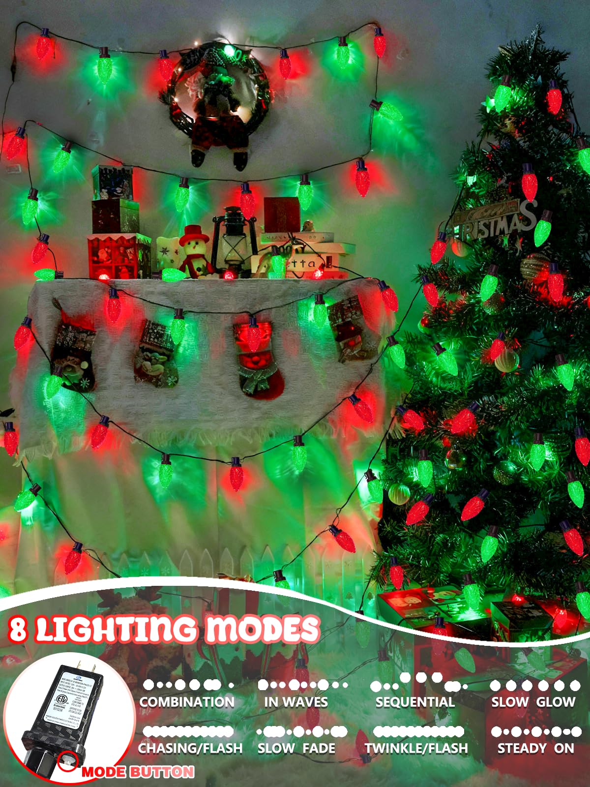 2-Pack Connectable C9 Christmas Lights Outdoor Indoor  66 Ft 100 Led Christmas String Lights Plug In With 8 Modes & Timer  Waterproof Fairy Twinkle Light For Xmas Tree Yard Decorations (Red And Green)
