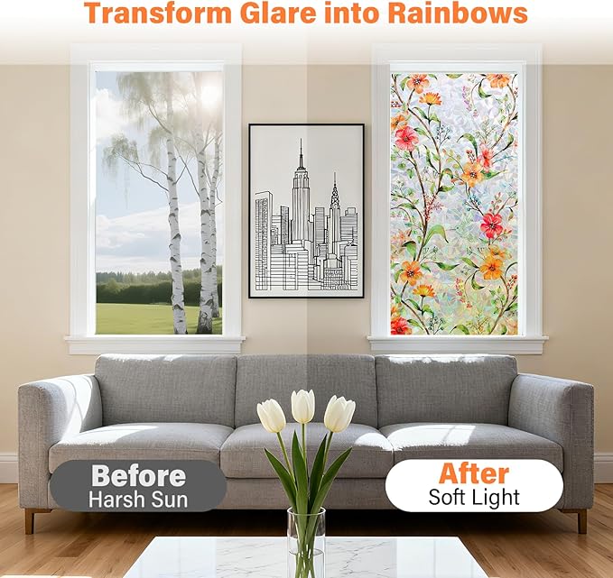 Finnez Stained Glass Window Film with Floral Pattern, Crescent Base and Rainbow Effect, Decorative Static Cling No Glue No Residue 35.4 x 157.4 Inches
