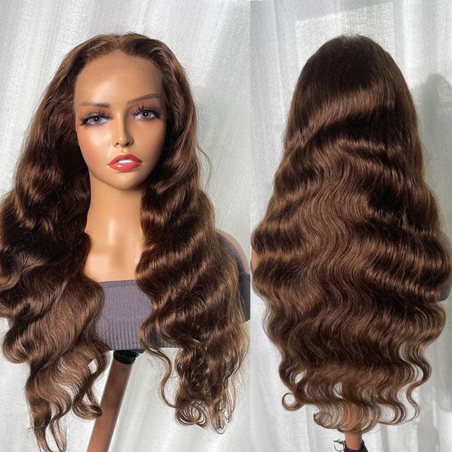Luxvogue Chocolate Curly Human Hair Wig Lace Frontal T Body Wave Human Hair Wig Pre Plucked Pre Cut Lace Frontal Closure Glueles
