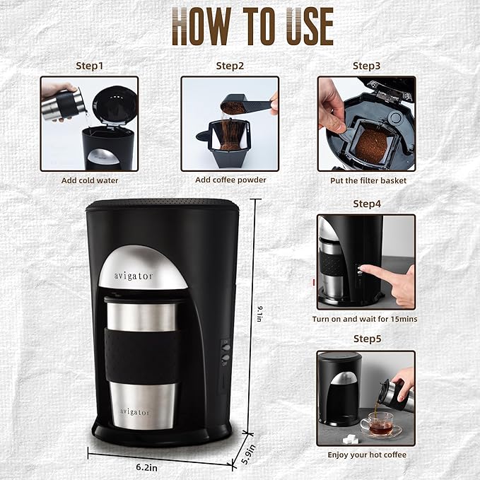 Portable Coffee Maker for Travel Camping Car, Ground Coffee Machine Single Serve with 10 oz Travel Mug for Traveling, RV, Office, Home and Dorm, 12V, Black