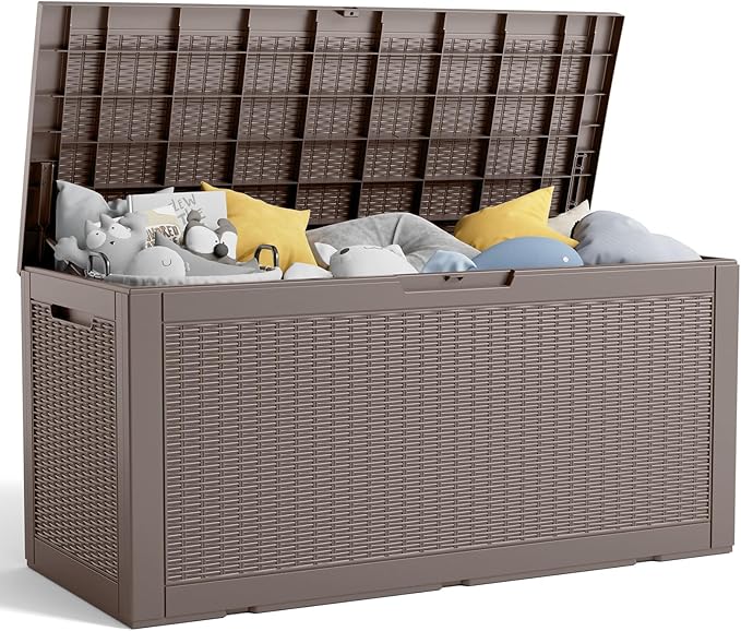 100 Gallon Resin Deck Box, Lockable Patio Outdoor Storage Box for Furniture, Garden Tools and Tools Storage, Waterproof Outside Storage Boxes - Grey