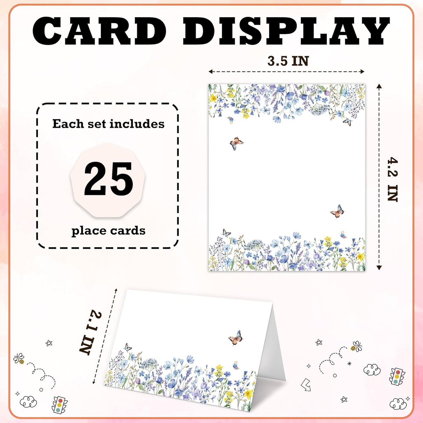 Wildflowers Place Cards For Girls, Floral Butterfly Name Card For Table Setting, Spring Holiday Party Favors Supplies, Wildflowers Tent Cards Decor For Bridal Shower Wedding Baby Shower, 25 Pack -11
