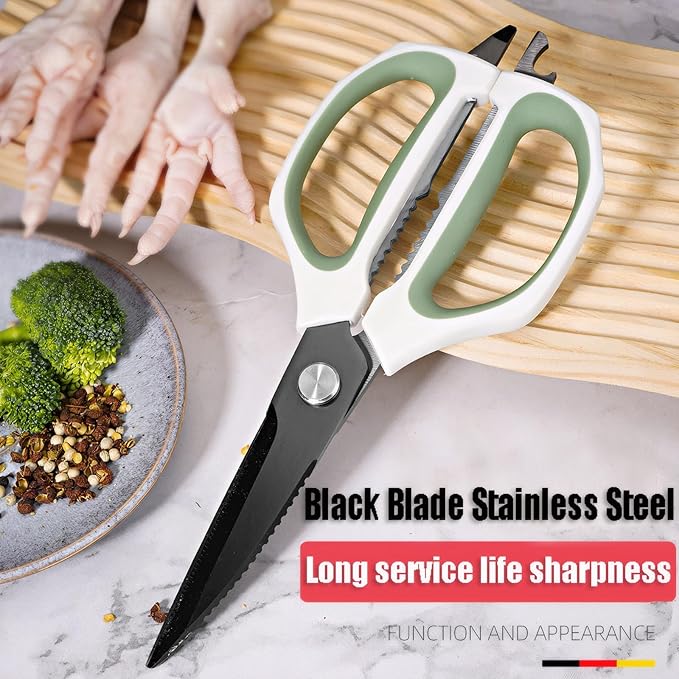 Jasni Transparent Handle Stainless Steel Sharp Powerful Kitchen Scissors Multi-Purpose Heavy Duty Food Scissors Kitchen Shears Chicken Poultry bone fish scales (Green white handle black blade)
