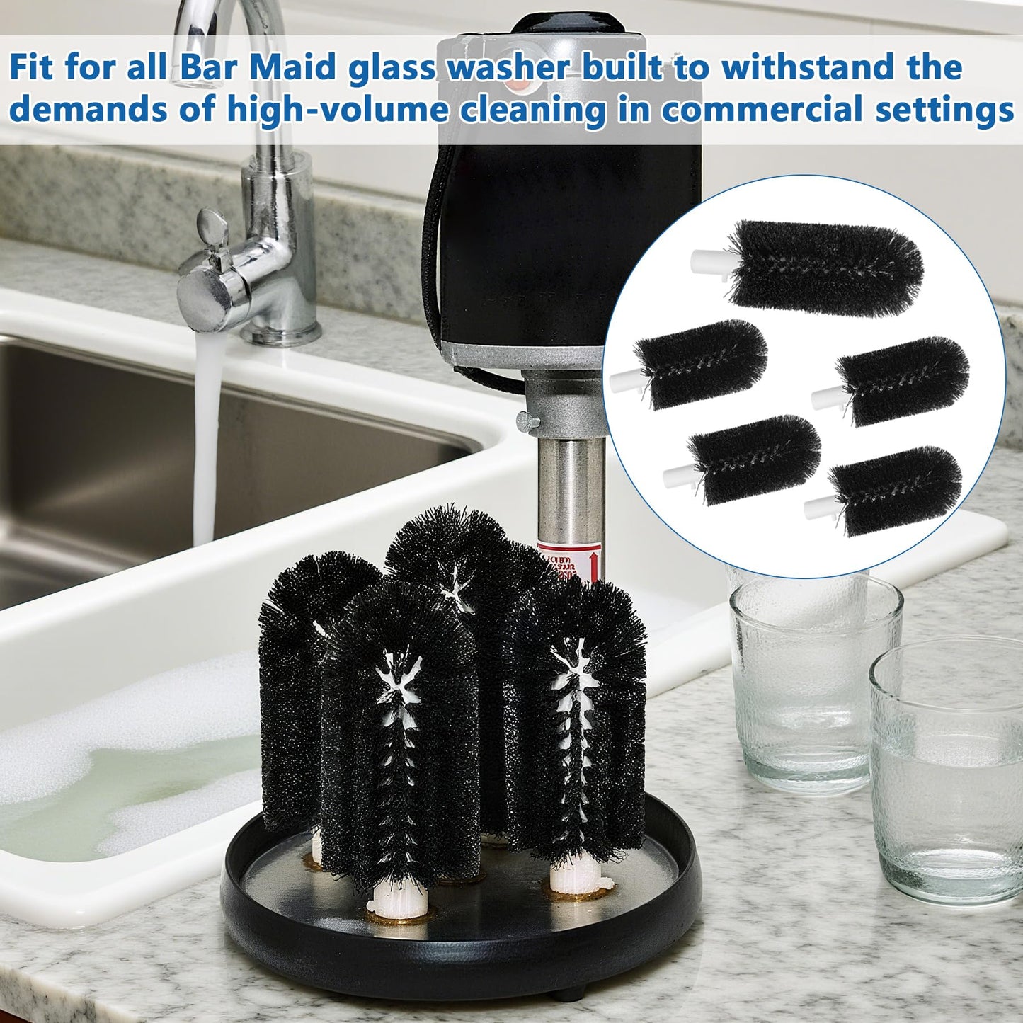 BRS-1722 Glass Washer Replacement Brush Set Part(4 pcs 6-inch Brushes +1 pc 7.5-inch Brush) Compatible with Bar Maid Glass Washer, Replacement SS-100, SS-101, A-200, A-205