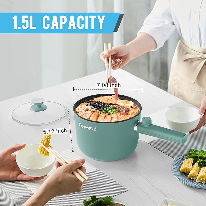 Topwit Hot Pot Electric, 1.5L Ramen Cooker, Portable Non-Stick Frying Pan, Hot Pot for Pasta, Steak, BPA Free, Electric Cooker with Dual Power Control, Over-Heating & Boil Dry Protection, Green