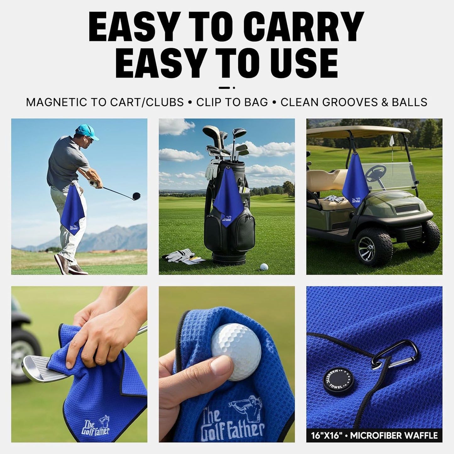 She's Pink Magnetic Golf Towel with Clip, 16"x16" Microfiber Waffle Weave, Quick-Dry Lint-Free Club & Ball Cleaning Cloth, Strong Magnet for Cart/Clubs, Blue, 1 Pack