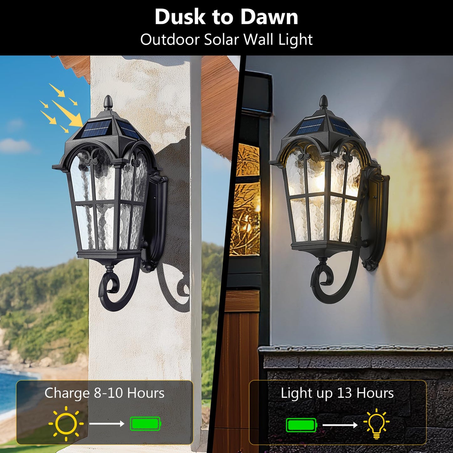 Emliviar Exterior Led Solar Wall Sconce With Remote Control  24 Front Door Wall Lantern With Water Glass Shade  Waterproof Solar Black Wall Light With E26 Bulb  Yxe302Mb-Sl Bk