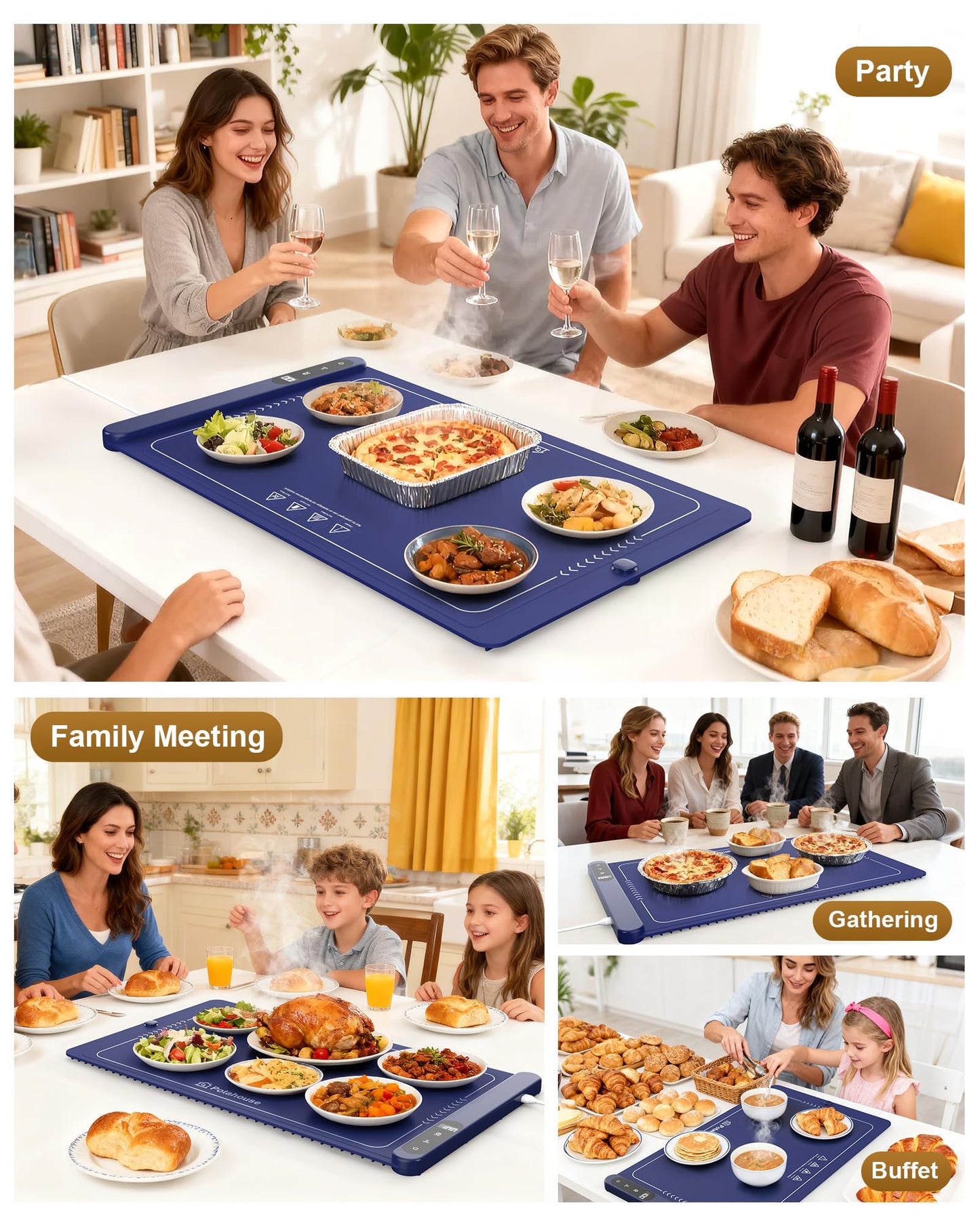 Potahouse® Warming Mat for Food, Graphene Full-Surface Fast Heating, Electric Warming Tray with 6 Temp & Timer Settings, Rollable & Portable Silicone Food Warmer for Parties, Home and Travel, Blue