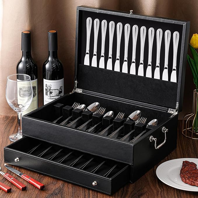 Leather Silverware Storage Box Flatware Storage Case with Felt Lined Leather Flatware Chest Silverware Organizer with Lid for Tableware Utensils Silver(2 Layer)